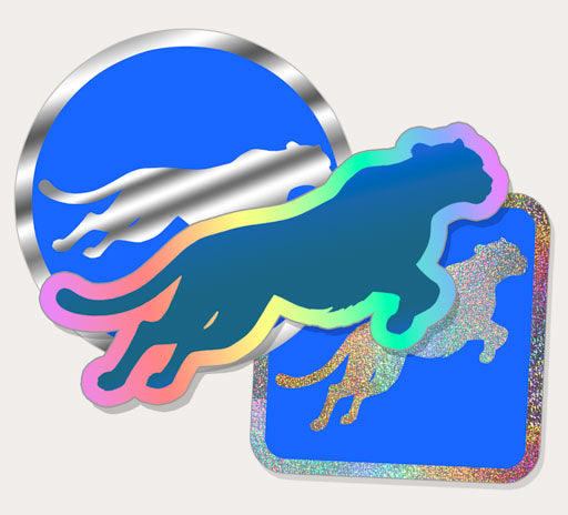Custom Stickers in Holograhic chrome and Glitter materials